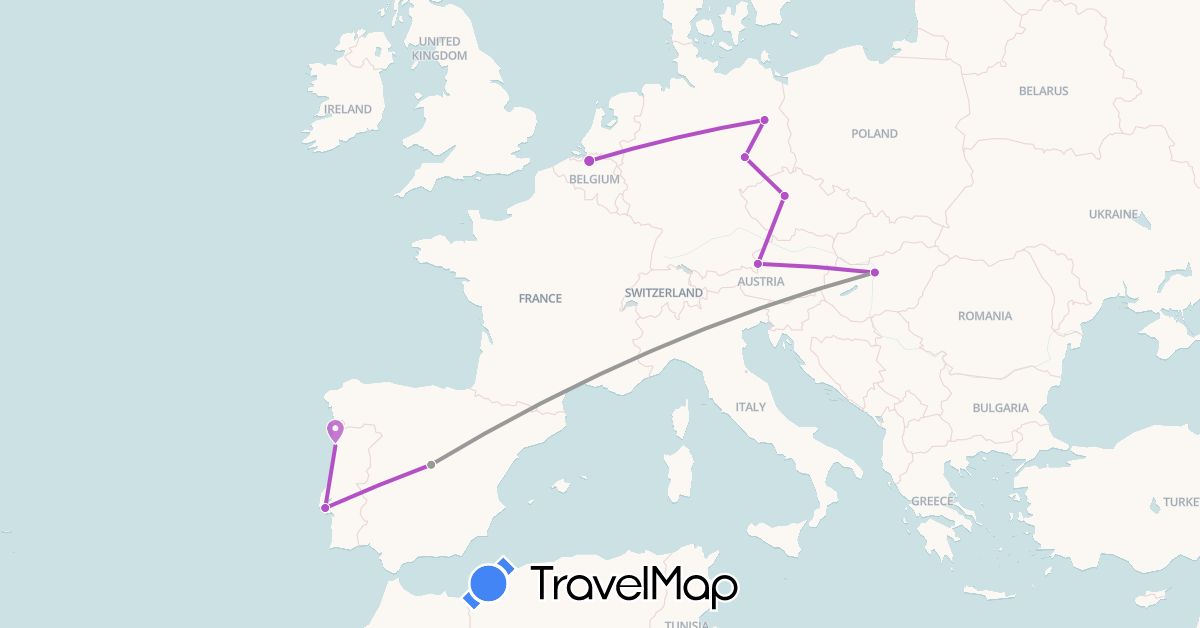 TravelMap itinerary: driving, plane, train in Austria, Belgium, Czech Republic, Germany, Spain, Hungary, Portugal (Europe)